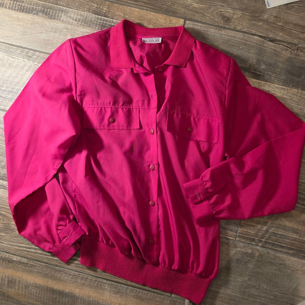 Rhoda Lee Vintage Hot Pink Blouson Button Down Blouse Ribbed Waistband Magenta